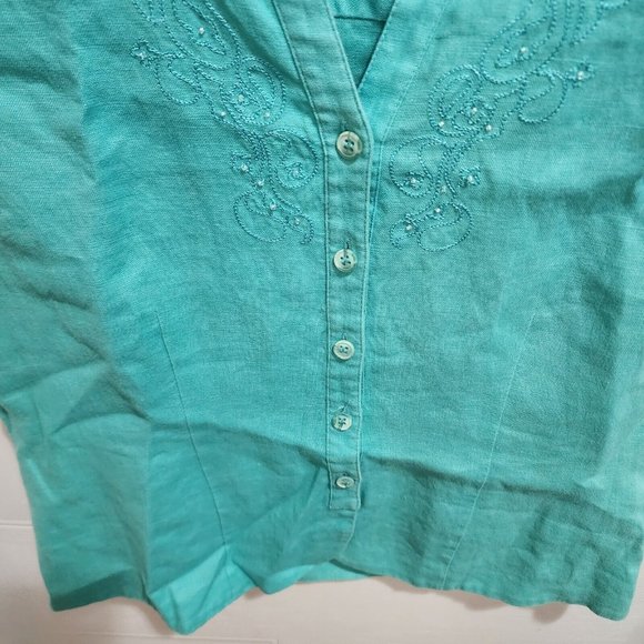 Style & Co Women's Short Sleeve Blouse Top Button Up 100% Linen Beaded Blue Sz 6 - Picture 4 of 8